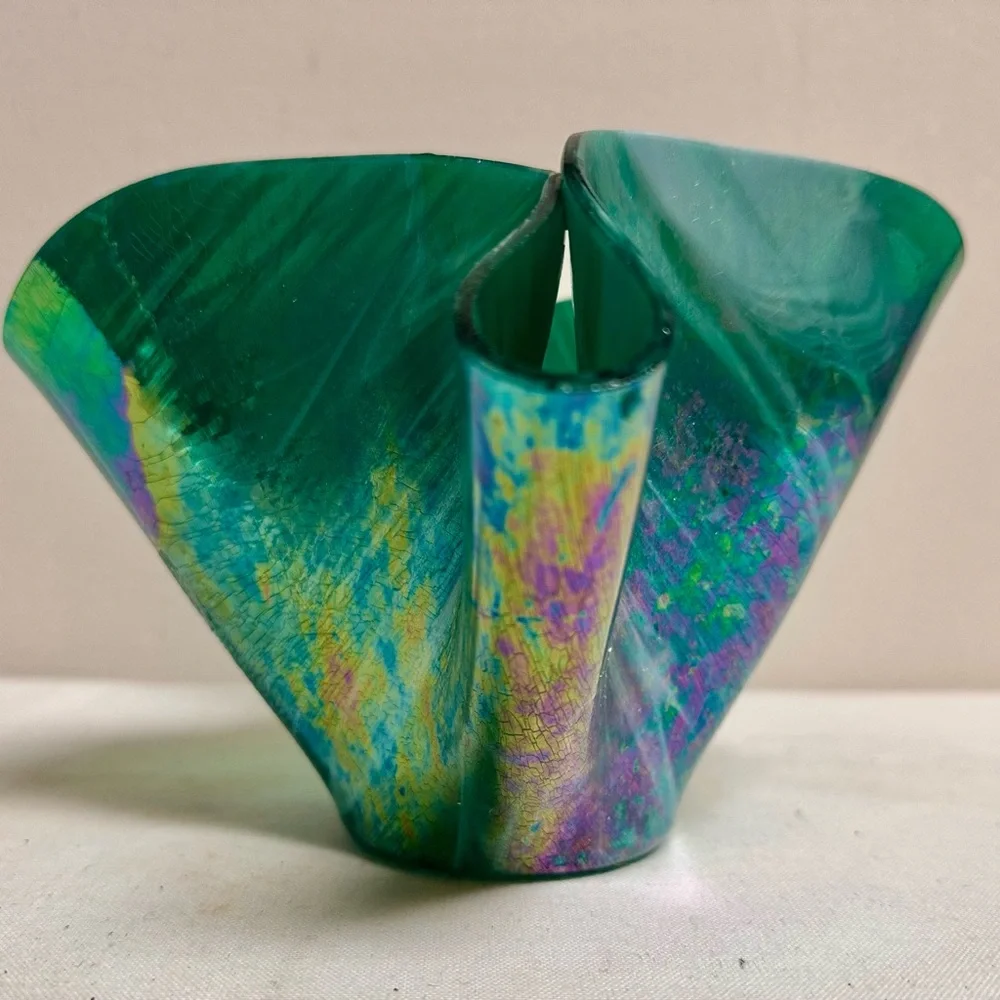 Modernist Iridescent Green and Blue Art Glass Handkerchief Decorative Vase-6”H